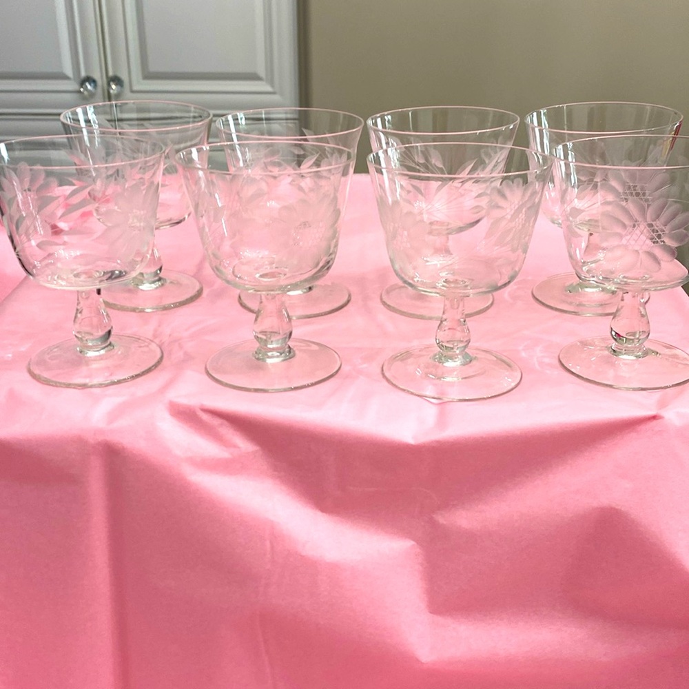 SET OF 8 EUC VTG STEMMED SMALL COCKTAIL GLASSES WITH HUGHES CORNFLOWER ETCHING